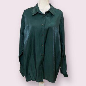 VOIR Collection Green Button Down Shirt Plus Size 3X Shiny Rayon Blend Blouse